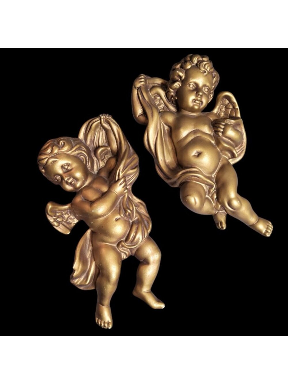 Set of 2 Vtg Homco Cherubs Angels Wall Decor Metallic Gold - 10"